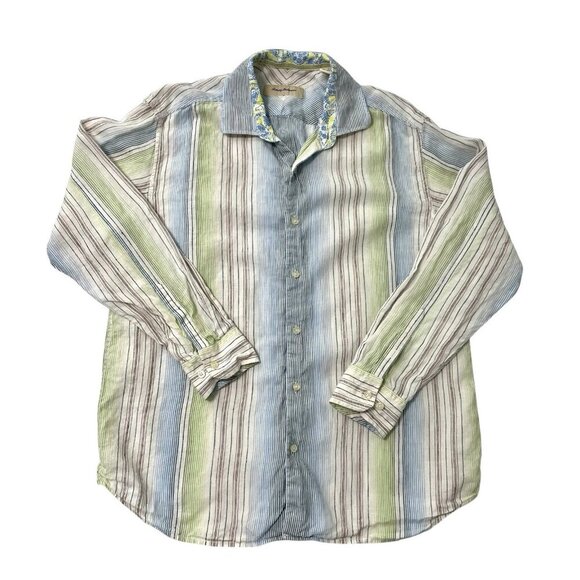Tommy Bahama 100% Linen Stripe Long Sleeve Button Front Shirt size Large - Picture 1 of 5